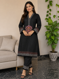 Black Linen 2-Piece Stitched Suit for Women – Printed Cuffs & Hem
