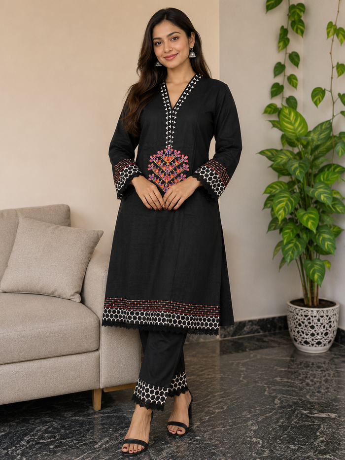 Black Linen 2-Piece Stitched Suit for Women – Printed Cuffs & Hem