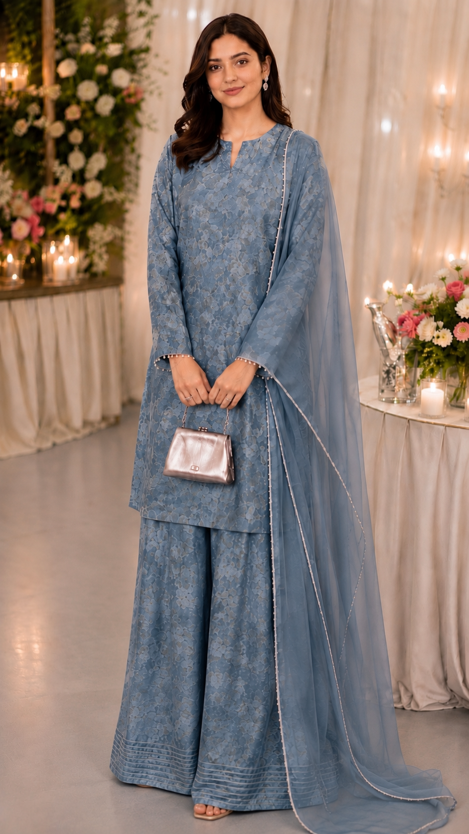 Luxury Silk Velvet Printed 3-Piece Suit with Organza Dupatta